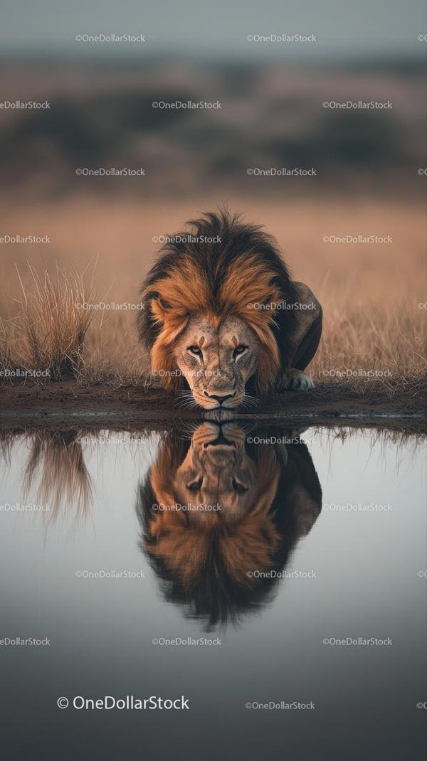 Majestic Lion Drinking from a Waterhole in the African Savanna