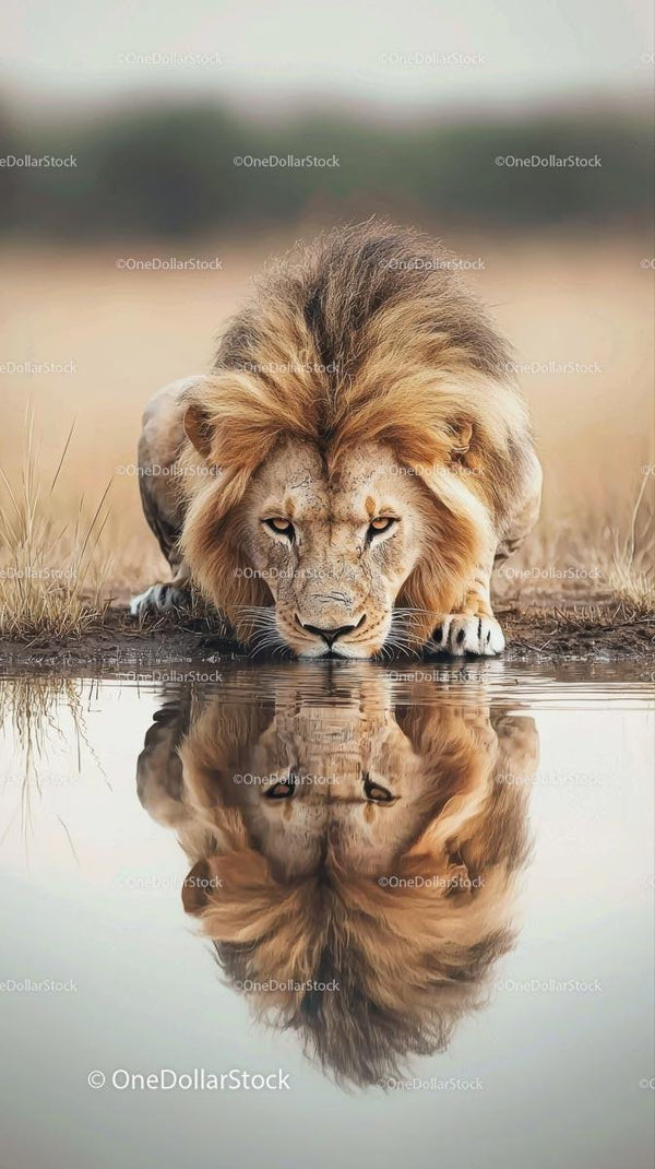 Majestic Lion Drinking at Water's Edge with Reflection