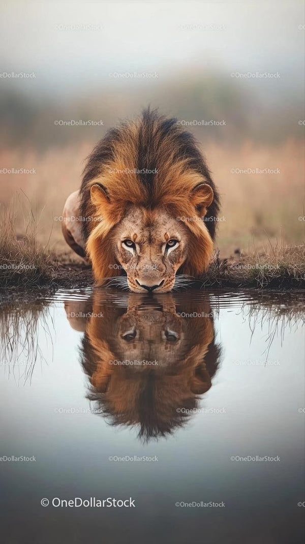 Majestic Lion Drinking at a Reflective Watering Hole