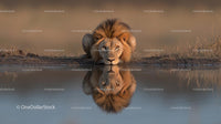 Majestic Lion Staring at Its Reflection in Tranquil Water