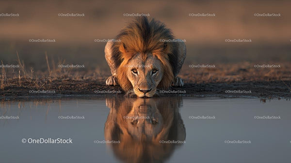Majestic Lion Drinking at Sunrise Waterhole