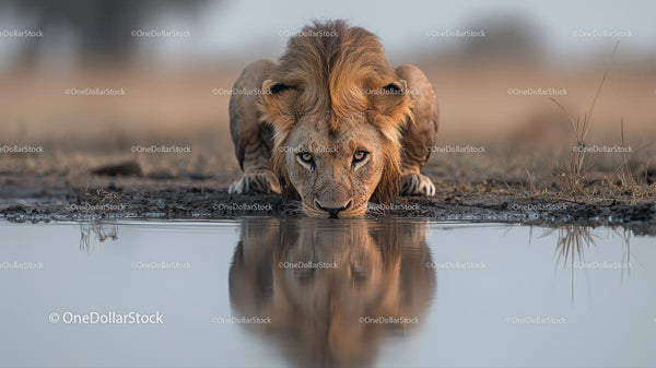 Majestic Lion Drinking at Waterhole in the African Savannah