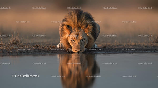 Majestic Lion Drinking at Water's Edge with Reflection