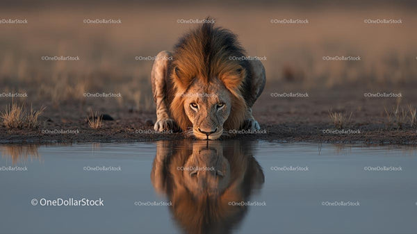 Majestic Lion Drinking at a Waterhole in the African Savanna