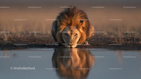 Majestic Lion Drinking at Sunset Reflects in Water