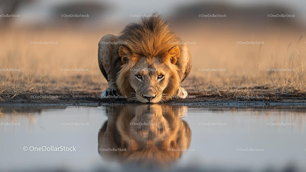 Majestic Lion Drinking at Water's Edge