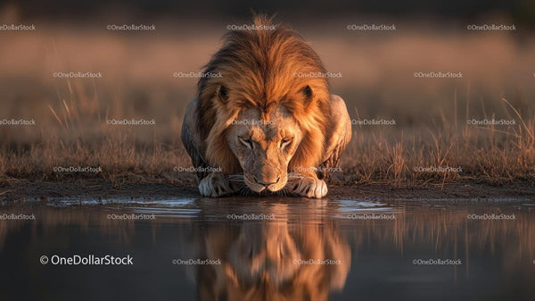 Majestic Lion Drinking Water at Sunset in the Savanna