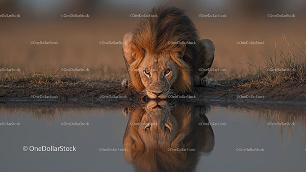 Majestic Lion Reflecting in Water at Sunset