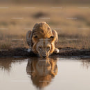 Majestic Lion Drinking at Waterhole in Serene African Grassland