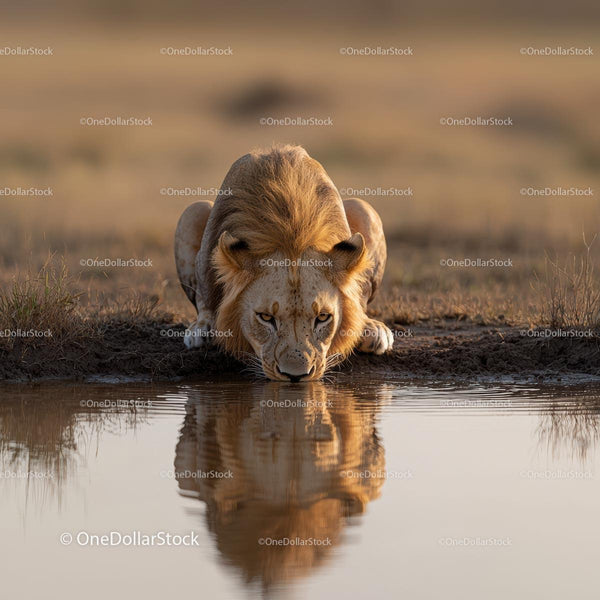 Majestic Lion Drinking at Waterhole in Serene African Grassland