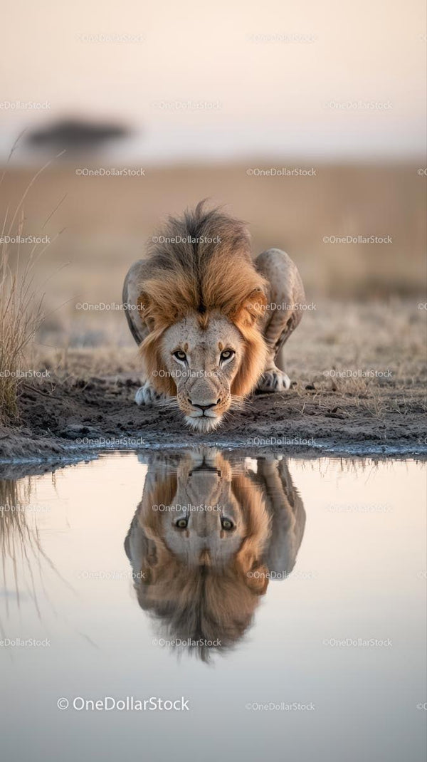 Majestic Lion Drinking Water at Serengeti Waterhole