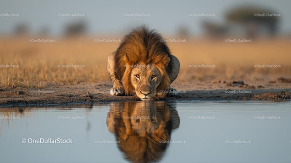 Majestic Lion Drinking at Waterhole in the Wilderness