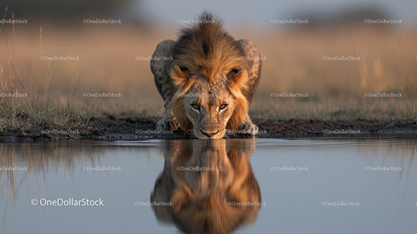 Majestic Lion Drinking at a Watering Hole in the Savanna