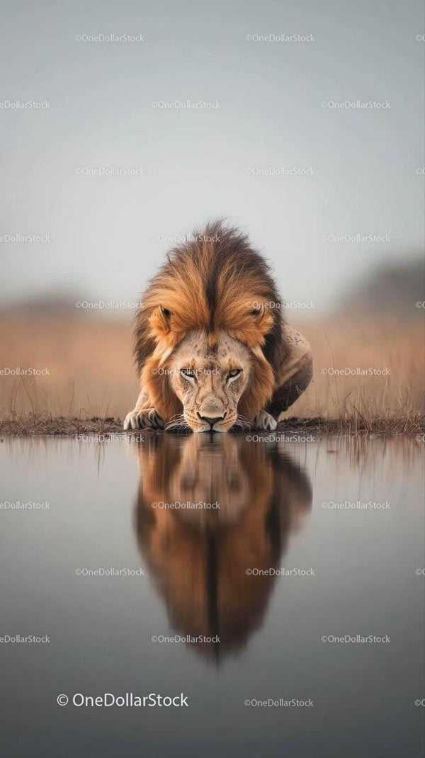 Majestic Lion Drinking Water on African Savanna
