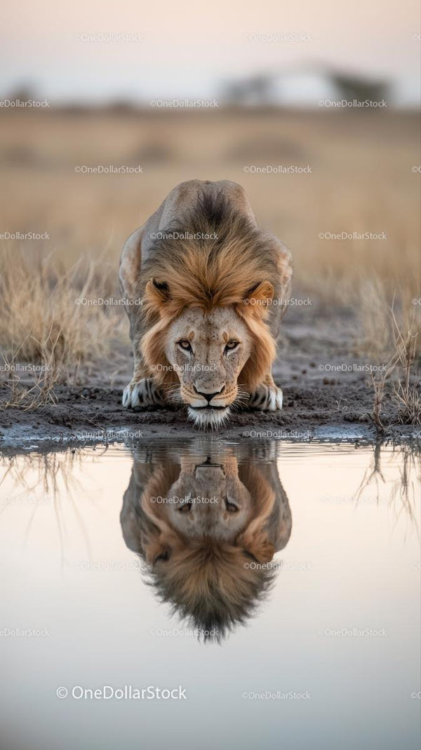 Majestic Lion Drinking by Water with Perfect Reflection