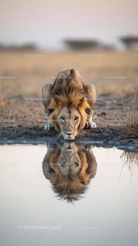 Majestic Lion Drinking Water with Reflection in Savanna
