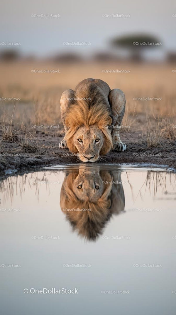 Majestic Lion Drinking Water in African Savannah