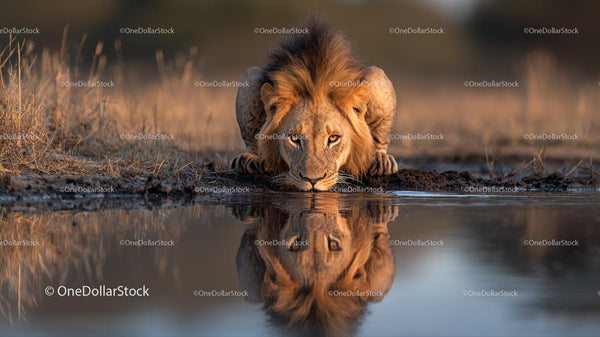 Majestic Lion Drinking by the Water's Edge at Dusk