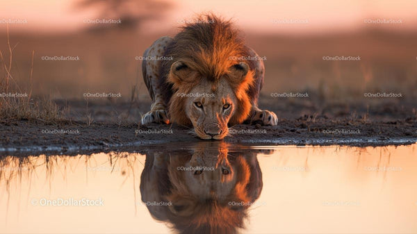 Majestic Lion Drinking at Sunset Watering Hole