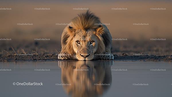 Lion Resting by Waterhole with Reflected Image