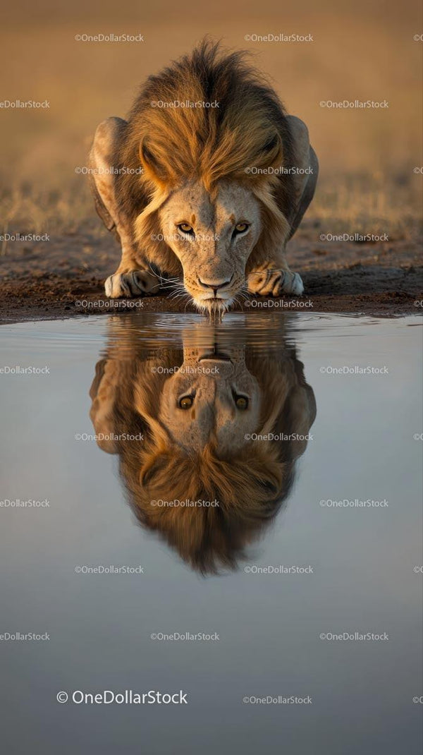 Majestic Lion Drinking Water with Reflection