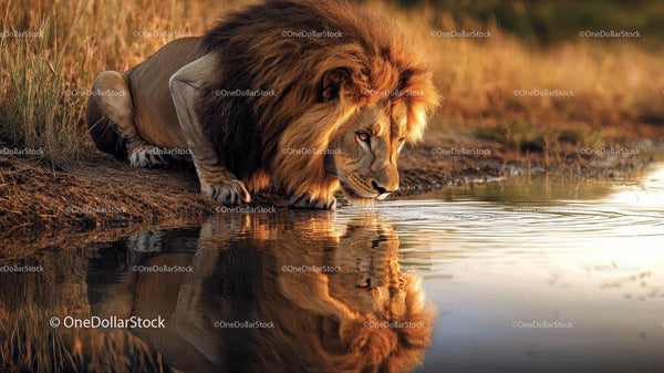 Majestic Lion Drinking at a Serengeti Watering Hole