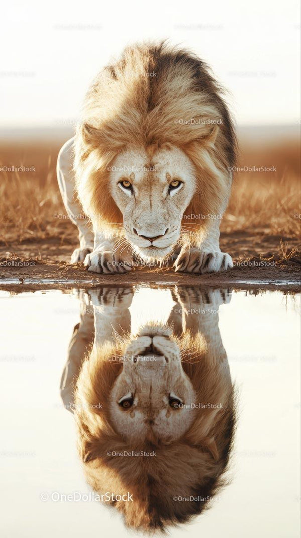 Majestic Lion Drinking at Reflective Waterhole