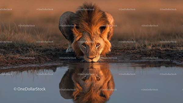 Majestic Lion Drinking at Waterhole During Sunset