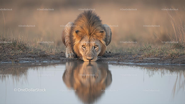Majestic Lion Drinking at a Waterhole in the Savannah