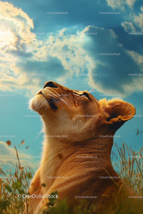Majestic Lioness Gazing at the Sky on a Sunny Day