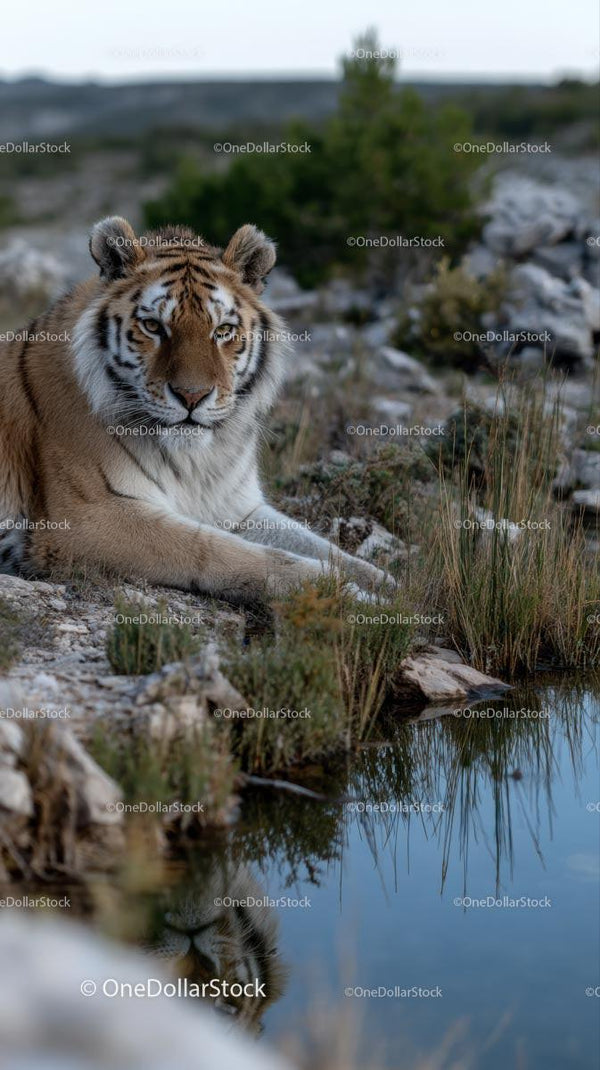 Majestic Tiger Resting by a Serene Pond in the Wilderness