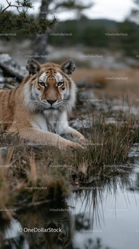 Majestic Tiger Resting by a Tranquil Water's Edge