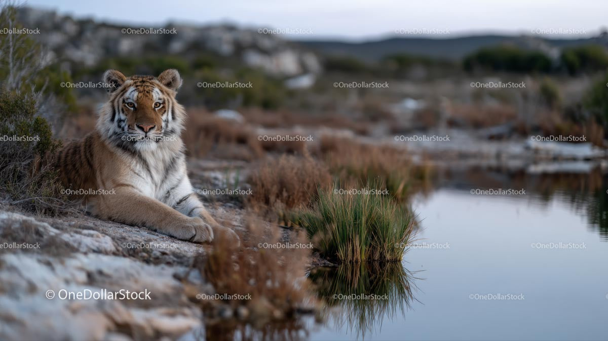 Majestic Tiger Resting by the Tranquil Water's Edge