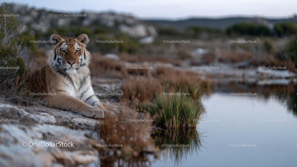 Majestic Tiger Resting by the Tranquil Water's Edge