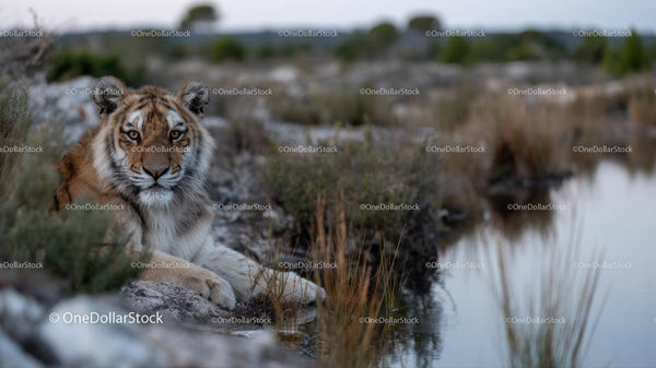 Wild Tiger Resting by Tranquil Waters in Natural Habitat