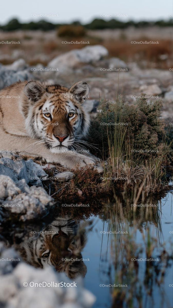 Majestic Tiger Resting by a Reflective Water Pool