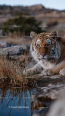 Majestic Tiger Resting by a Tranquil Water Source