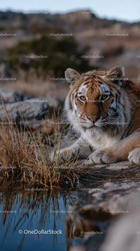Majestic Tiger Resting by a Tranquil Water Source