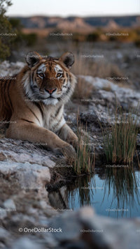 Majestic Tiger by a Reflective Water Pool in Wilderness