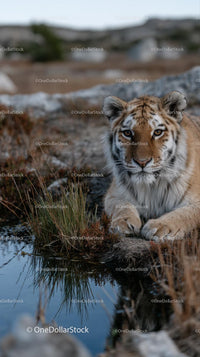 Majestic Tiger Resting by a Tranquil Stream
