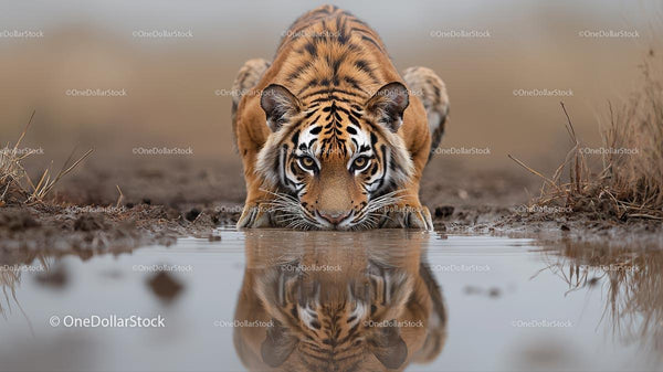 Majestic Tiger Drinking from Waterhole in the Wild