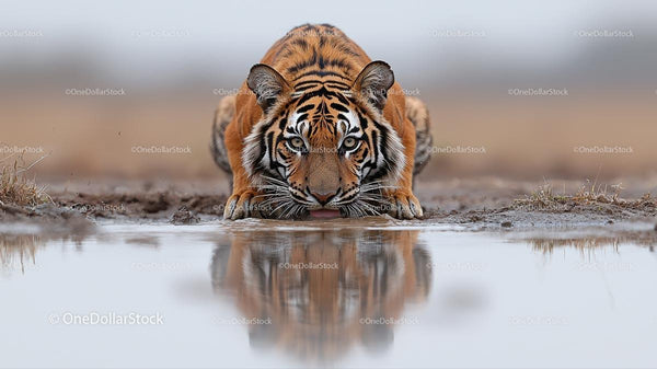 Majestic Tiger Drinking from Waterhole