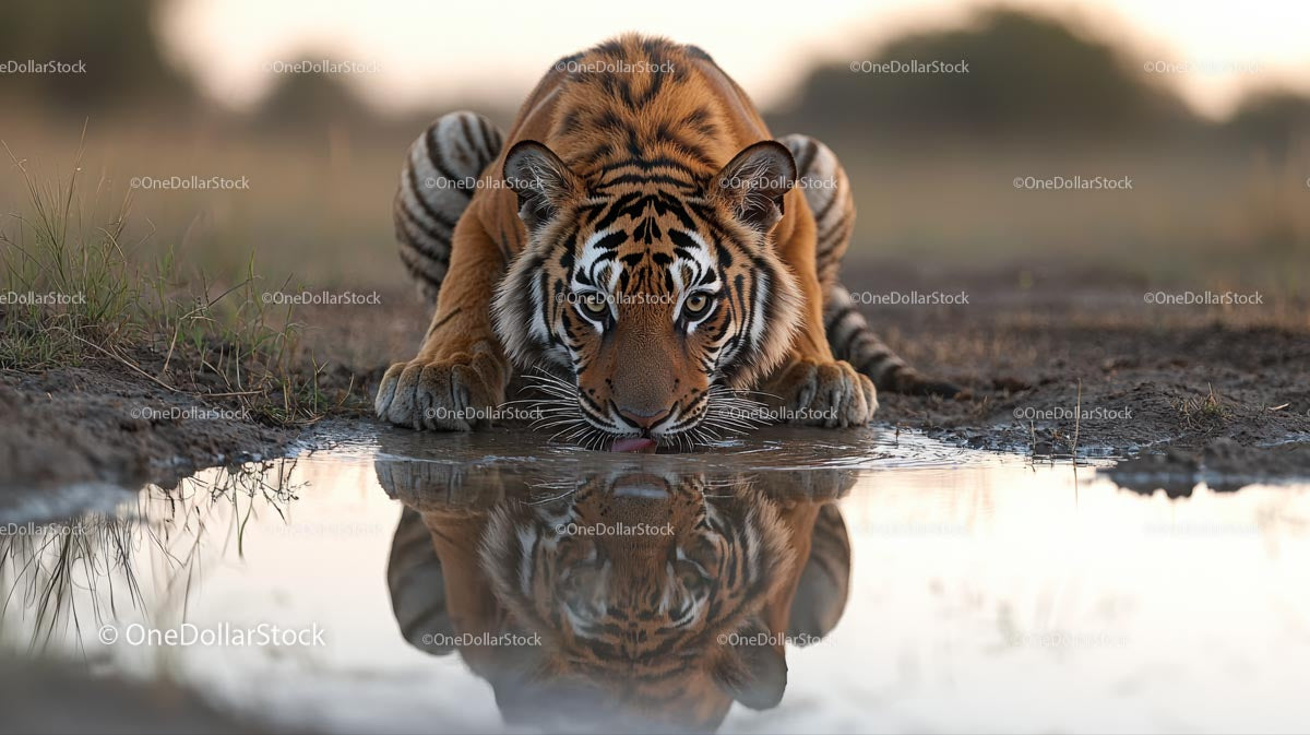 Amur Tiger Drinking from a Reflective Puddle