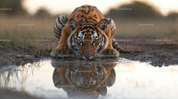 Amur Tiger Drinking from a Reflective Puddle