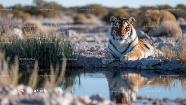 Majestic Tiger Resting by Water in Natural Habitat
