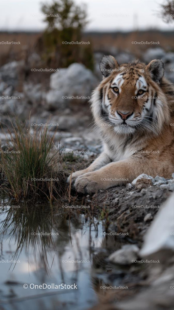 Majestic Tiger Resting by a Riverbank