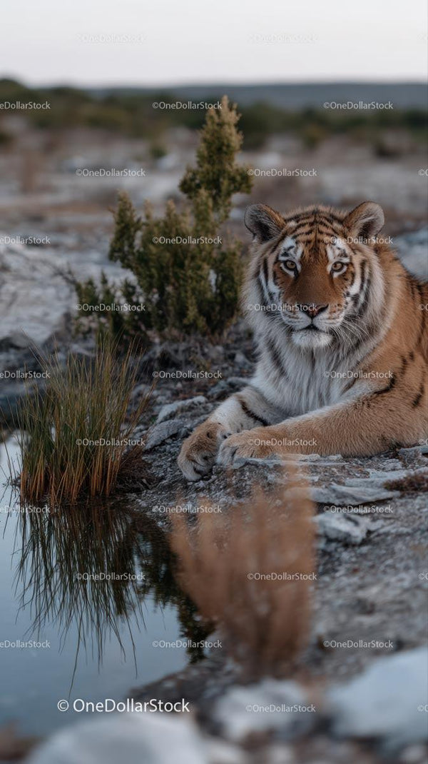 Majestic Tiger Resting Near a Reflective Water Source