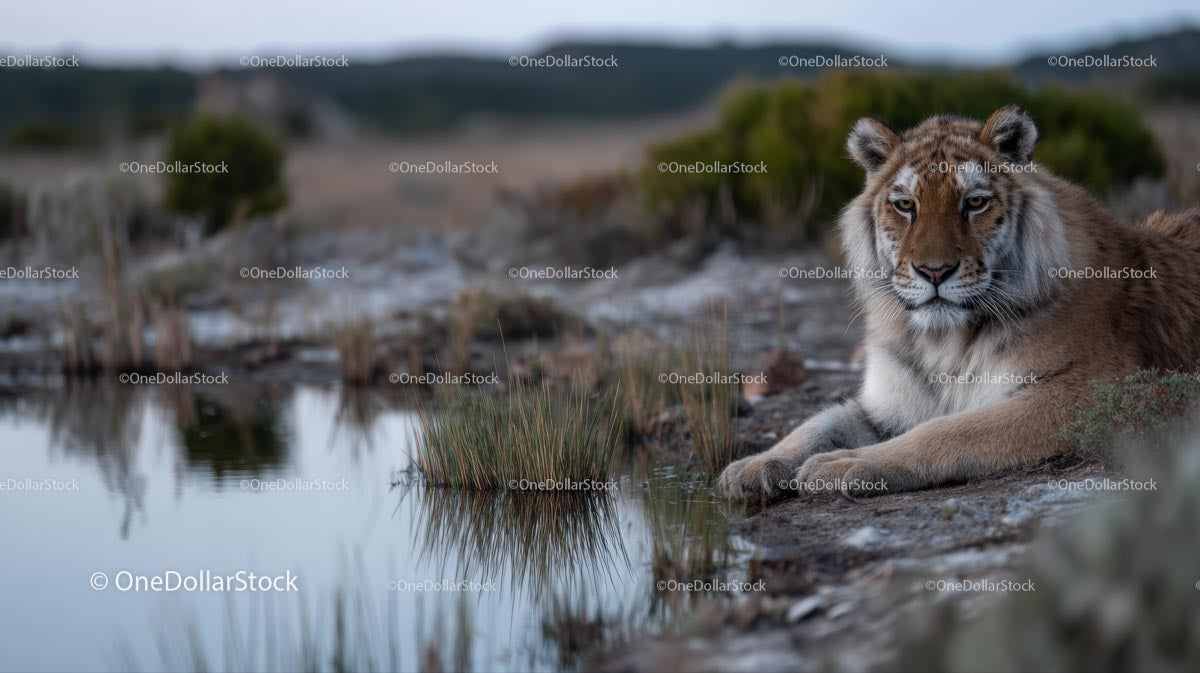 Majestic Tiger Resting by Tranquil Water's Edge