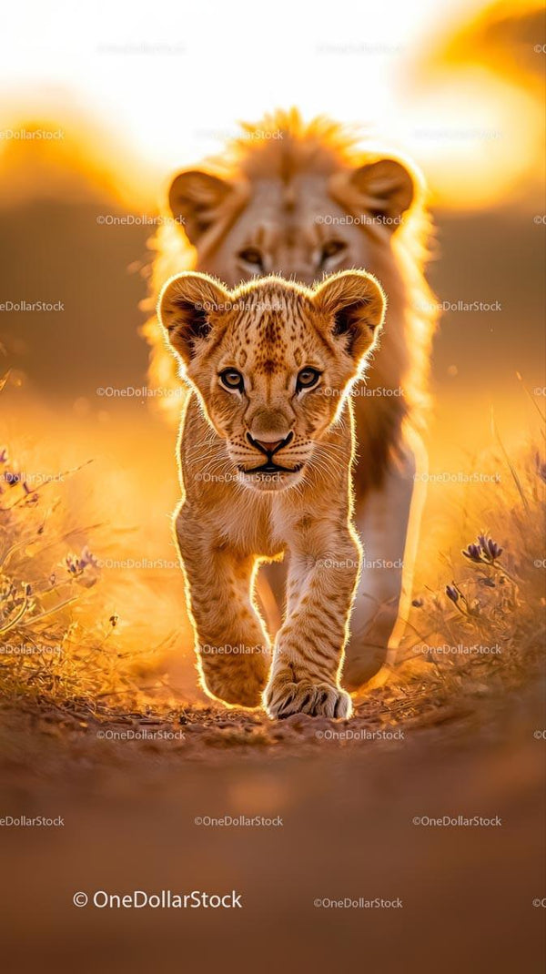 Lion Cub Walking with Majestic Parent in Golden Light