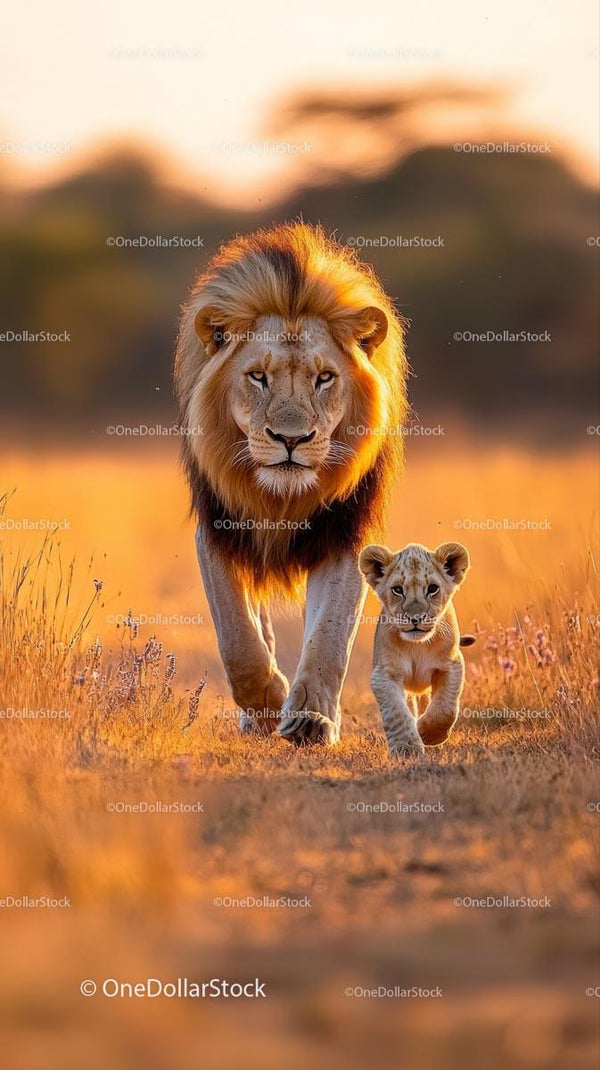 Majestic Lion and Cub Stroll Through the Savannah